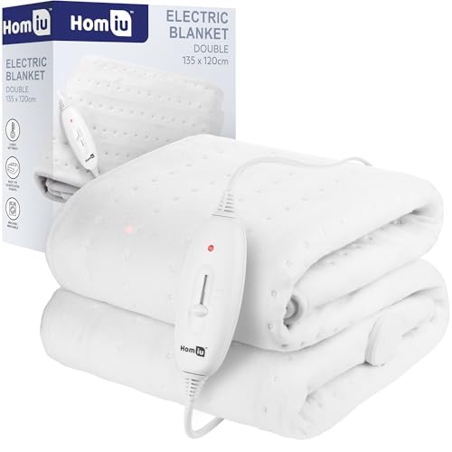 Homiu Electric Blanket Double | Luxury Soft Fleece Heated Underblanket | 3 Heat Setting Fast Heating | Energy Efficient Bed Warmer Overheat Protection | Auto Shut-Off Machine Washable | 135×120 cm