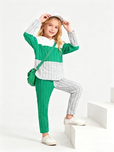 Image of Toddler Kid Girls Clothes Ribbed Color Block Long Sleeve Hoodie Sweatsuit Set Fall Outfits