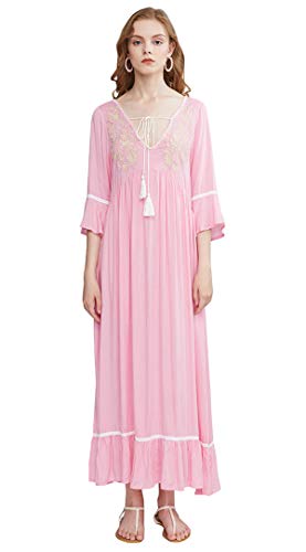 R.Vivimos Women's Autumn 3/4 Sleeves V Neck Embroidered Ruffles Midi Dress (Small, Pink)