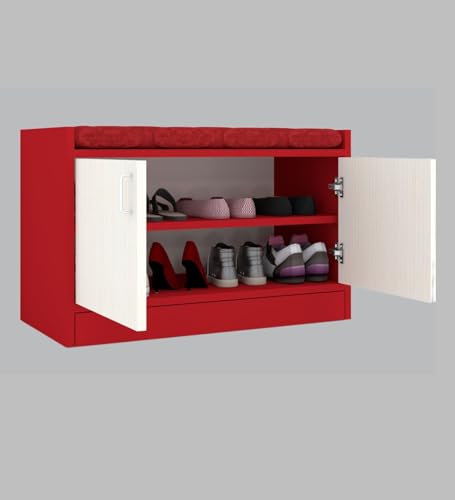 Image of SPECIALITY PANELS 2 Door Shoe Rack with Cushion, Red and White, 75x49x37.5 cm, DIY Assembly Storage Bench
