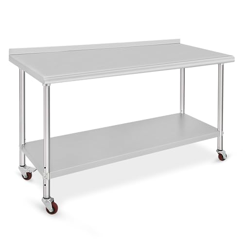 Image of 60x24x35inch Double Layer Stainless Steel Work Table with Caster Wheels & Backsplash