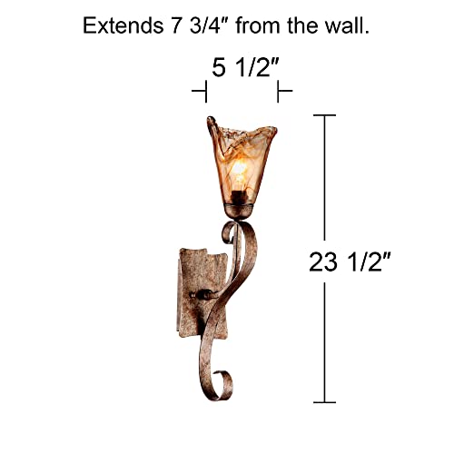 Image of Franklin Iron Works Amber Scroll Rustic Wall Sconce Lighting Golden Bronze Metal Hardwired 23 1 /2 inch High Fixture Amber Art Glass Cottage Core Decor for Bedroom Bathroom Bedside Home (Colors May Vary)
