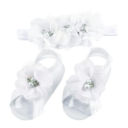 Baby girls infant crochet butterfly headbands and knitted flower barefoot sandals.(BBFJ3) (Flower White)