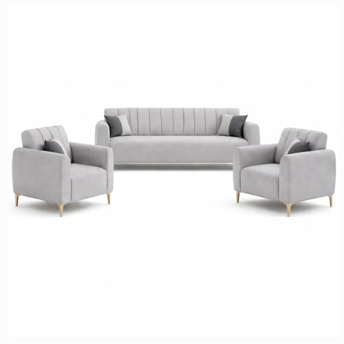 Image of Habibi Rich Velvet Suede 3+1+1 Seater Sofa Set | Spacious Soft Touch Comfort Seating | 5 Person Seating | Modern Living Room Sofa Set (Light Gray)
