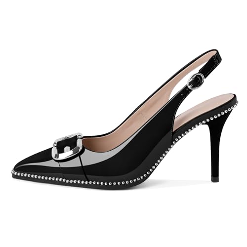 AUMOTED High Heels for Women Slingback Stiletto Shoes Trendy Sliver Beaded Pointey Toe Pump 3.5 Inch Elegant Dress Shoes Black Patent Leather US Size 8.54