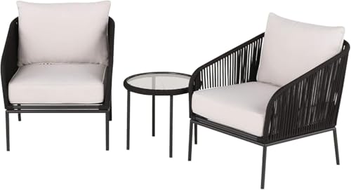 Image of PRATHAM India Outdoor Indoor Patio Set Bistro Set Rattan Chair for Living Room Dining Room Lawn Balcony Outdoor Garden Chair Set with Glass Table (Black with Cream Cushion & Pillow 2+1)