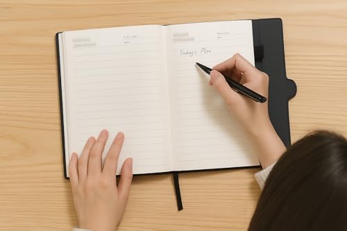 Image of A5 Journal Notebook Diary for Men Women | Office Journal Diary Notebook with Magnetic Flip Lock and Mobile Holder Pocket (200 Ruled Pages, 6 x 8.5 Inches, 80 GSM) (Round Mag. Black)