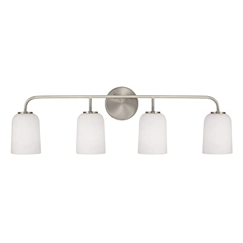 Image of HomePlace Lighting 148841BN-542 Lawson Transitional Soft White Glass Bell Vanity Light for Bathroom, 4-Light 400 Total Watts, 10 inch H x 32 inch W, Brushed /Satin Nickel
