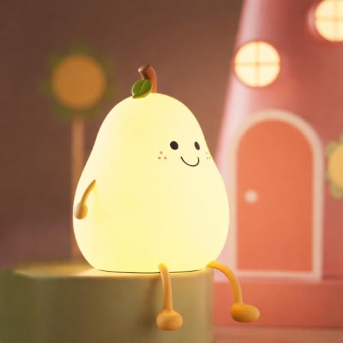 Image of XERGY Cute Pear Silicone Night Light for Kids - USB Rechargeable LED Lamp with 7 Color Changing, Tap Control, Timer Soft Bedside Night Lamp for Bedroom, Nursery, Gifts & Home Decor