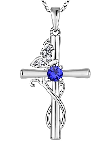 STARCHENIE Butterfly Cross Necklace 925 Sterling Silver Crucifix Pendant Birthstone Jewelry for Women
