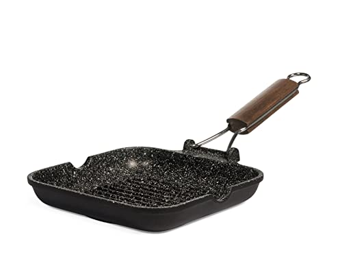 H&H Home Pietra Bistecchiera Antiaderente con Manico Pieghevole, Pietra, Nero, 20 cm - immagine 6