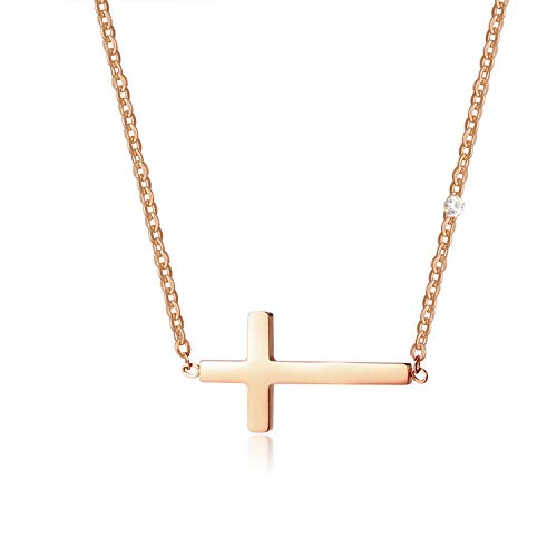 UEUC 18K Rhinestone Sideways Cross Necklace Stainless Steel Adjustable Simple Small Cross Pendant Choker for Women&GILR