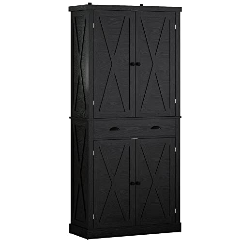 IRONCK Kitchen Pantry Storage Cabinet 72.6" H, with Barn Doors, Drawer, 4 Adjustable Shelves, Freestanding Cupboard for Dining Room Living Room, Laundry, Black