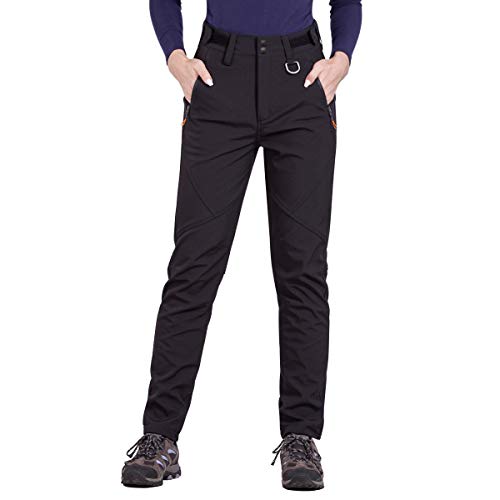 FREE SOLDIER Outdoor Women's Snow Ski Pants Soft Shell Fleece Lined Pants Water Resistant Camping Hiking Pants (Black 28W/30L)