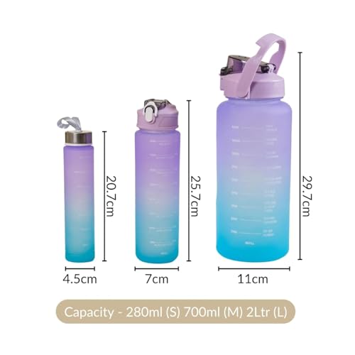 Image of RAYMYLO Silicone Motivational Water Bottle Set Of 3 Pcs Time Marker With Straw, Unbreakable Leakproof BPA Free Non-Toxic Sipper Bottle For Office, Sports, Gym, School (2000ML, 900ML, 300ML)