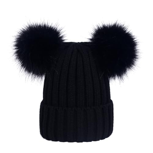 Women's Double Pom Pom Beanie Hat, Winter Warm Knit Faux Fur Bobble Hat Ski Snowboard Skull Cap