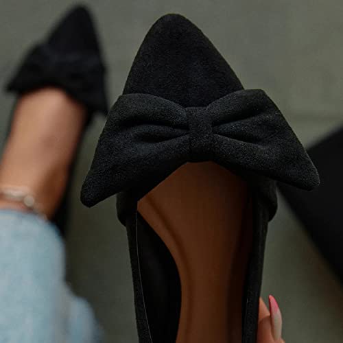 FSJ Women Comfy Bowknot Pointed Toe Suede Flats Slip On Low Heels Pumps Graceful Casual Dress Daily Office Walking Shoes Size 4-16 US2