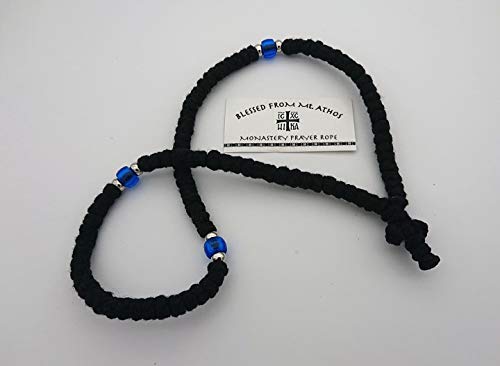 Image of Blessed Handmade 100 Knots Prayer Rope Greek Russian Komboskoini Christian Orthodox Black with Blue Beads and Black Cross from Mt Athos