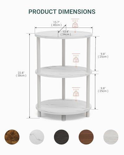 Image of Small Round Side Table - 3-Tier Oval Accent Table for Small Spaces, Rustic Wood and Metal Couch End Table, Nightstand for Bedroom or End Table Living Room, Easy to Assemble, Marble White