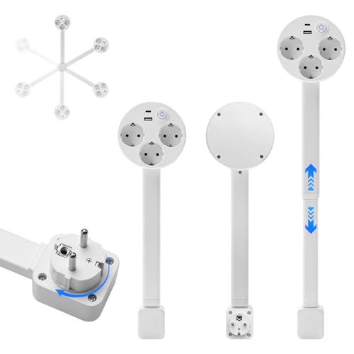 Steckdosenverlängerung mit ausziehbarer(45-67cm),drehbare steckdosenleiste,1 USB A,1 USB C und 3-Fach Steckdose,360°schwenkbar,ausziehbare Steckdose (Reines Weiß)