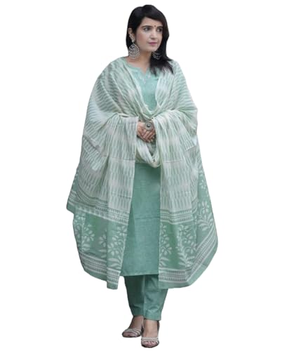 Image of ANNI DESIGNER Women's Cotton Blend Printed Straight Kurta with Pant & Dupatta