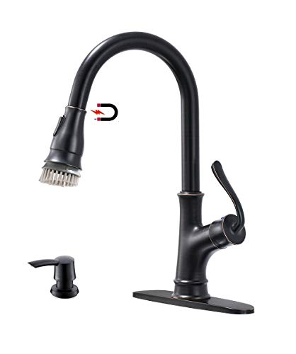 APPASO Pull Down Kitchen Faucet with Magnetic Docking Sprayer and Soap Dispenser Oil Rubbed Bronze - Single Handle Commercial 1 Hole Pull Out Kitchen sink Faucets with Deck Plate