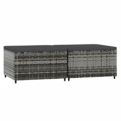 vidaXL Patio Footrests with Cushions 2 pcs - Gray Poly Rattan - Weather Resistant Outdoor Furniture - Sturdy Powder-Coated Steel Frame - Modular Design for Versatile Configurations