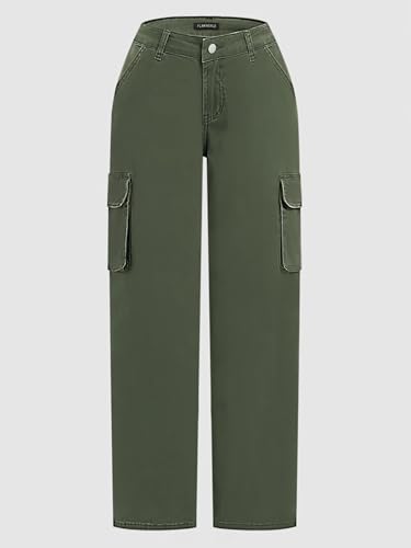 Flamingals Straight Leg Pants for Women Mid Rise Casual Cargo Solid Flap Pockets Pants3