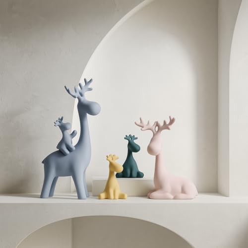 Image of Xtore Nordic Style Ceramic Deer Figurines | Minimalist Decorative Statue | Modern Home Accent for Living Room, Bedroom, Office - (Set of 4, Pastel Colors)