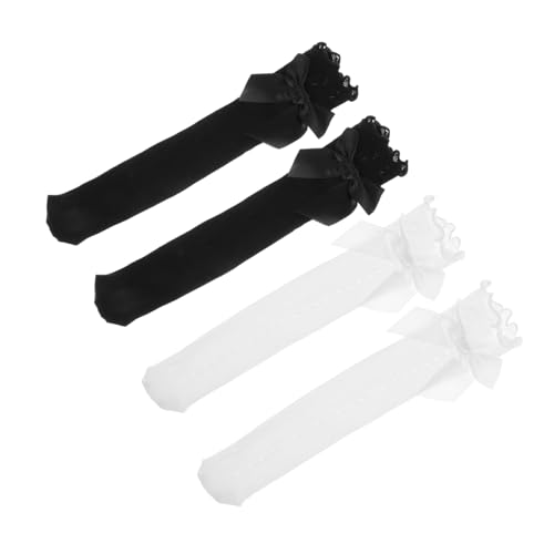 4pairs Girls Knee High Ruffled Lace Socks over Calf Stockings with Bow Decor for Boy Girl Elegant Black and White Design for Dresses and School Uniforms