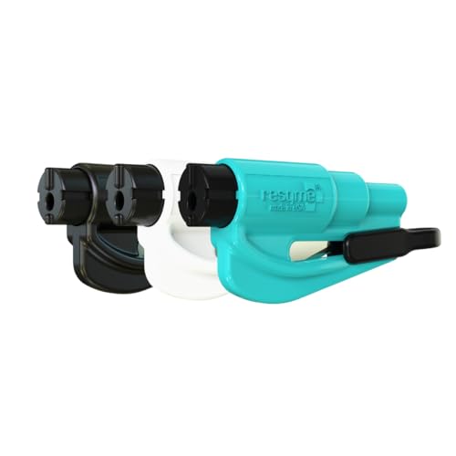 RESQME The Original Emergency Keychain Car Escape Tool, 2-in-1 Seatbelt Cutter and Window Breaker, Made in USA, Family Pack of 3, Black, White, Teal - Compact...