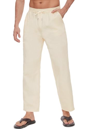 CheChury Pantalon Lino Hombre Verano Largo Pantalones Casual Bolsillos Laterales Cintura Elástica con Cordón Playa Yoga Pantalon Anchos Ligeros Pantalones de Lino para Hombre para la Playa