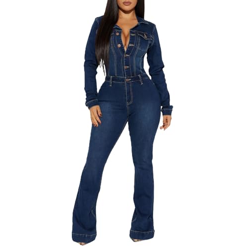 cffvdiz Damen Sexy Langarm Denim Jumpsuit Hohe Taille Slim Fit Stretch...