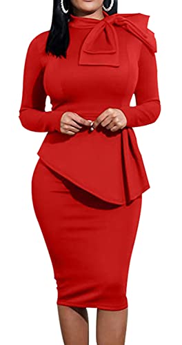 Image of Women's Fashion Peplum Bodycon Dresses Short Sleeve Bow Club Ruffle Pencil Party Dress