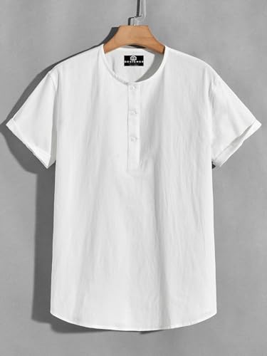 Image of Men's White Cotton Half Sleeve Kurta with Mandarin Collar, Urban Style for Summer Wear Kurta-24