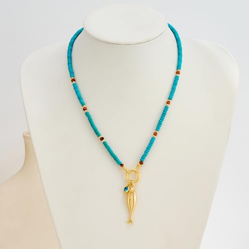 WOWORAMA Fish Necklace for Women Blue Beaded Choker Necklaces Trendy Lucky Fish Pendant Necklace Boho Ocean Sea Surfer Necklaces Summer Beach Jewelry2