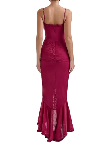 Image of meilun Elegant Mesh Wedding Guest Dress Flowy Ruffle Bodycon Maxi Dress Fishtail Long Formal Dress