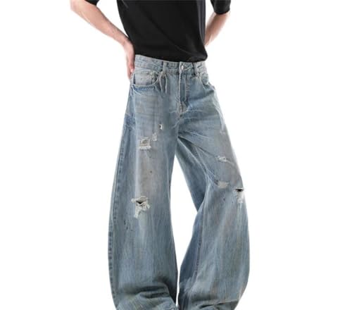 Men Distressed Jeans Contrast Color Loose Fit Wide Leg Denim Pants Casual Straight Vintage Trousers2