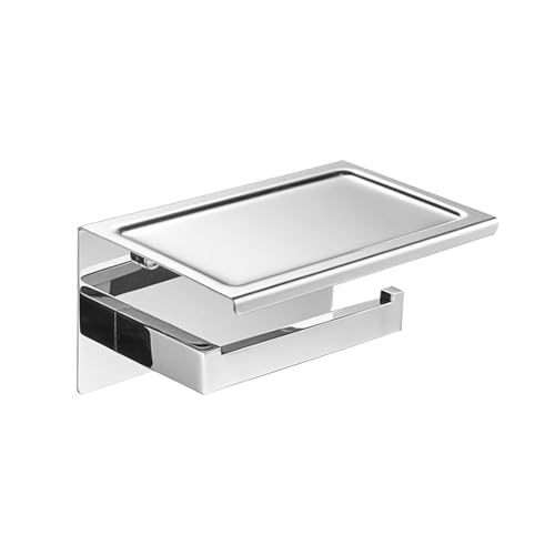 バスルームペーパーティッシュホルダー 壁掛け電話棚付き モバイル収納付きトイレ (クローム)(Black)