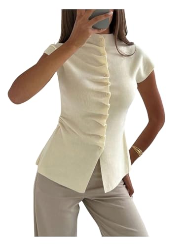 GORGLITTER Women's Short Sleeve Button Up Cardigan Y2K Ruched Mock Neck Knit Tops Fall Sweater 2025