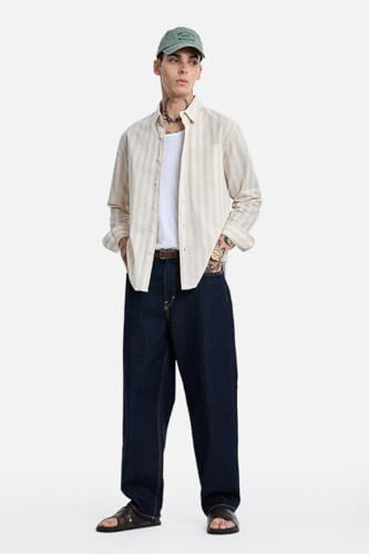 Image of SNITCH Men Casual Shirt | Regular Fit Long Sleeve Button-Down Collar Striped Pattern | 100% Cotton Breathable Fabric Smart Casual Summer Styling