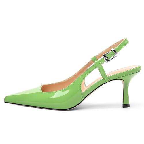 Women's Patent Leather Ankle Strap Slingback Pointed Toe Mid Heel Pumps Business Office Work Dress Shoes 2.55 Inch2