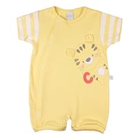 Macacão Bebê Menino Curto em Suedine 100% Algodão – Manga Listrada Tigrinho com Bordados e Abertura Frontal (BR, Alfa, P, Amarelo)