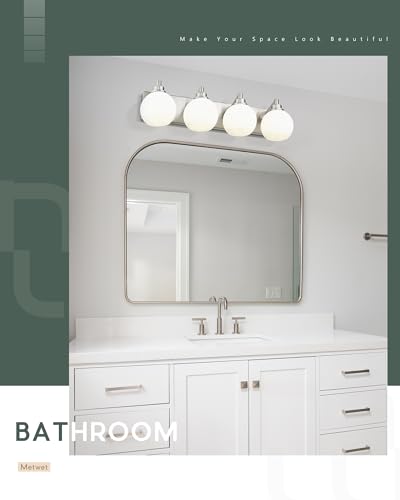 Image of Bathroom Light Fixtures, 4 Light Brushed Nickel Vanity Light, 26 Inch Modern Wall Sconces with Globe Milk White Glass Shade, Vanity Lighting Fixtures Over Mirror, VL195-BN-ML-4