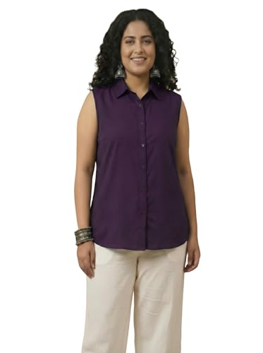Image of Women Plus Size Sleeveless Button Down Shirt Polyester Formal Office Casual Wear Classic Fit Professional Shirt