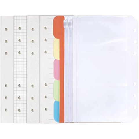 A6 Nachfüllpapier 80 Blatt 6 Löcher Planer-Einlagen mit 5PCS Papiertrenner und 4PCS Binder-Taschen Ringbucheinlagen für Notizbuch, Planer, Tagebuch, Reisetagebuch, Organizer Cover