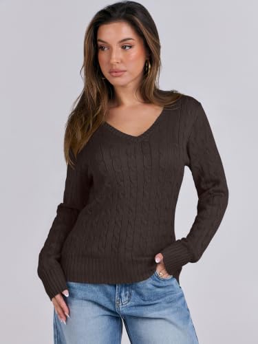Image of ANRABESS Women's Cable Knit V Neck Fitted Sweaters