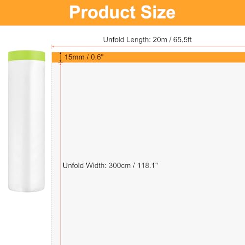 Image of HARFINGTON 3 Rolls Pre-Taped Masking Film 118.1 inch x65.6ft Tape and Drape Painters Plastic Drop Cloth Film with Tape Plastic Sheeting for Automotive Painting Covering, Green