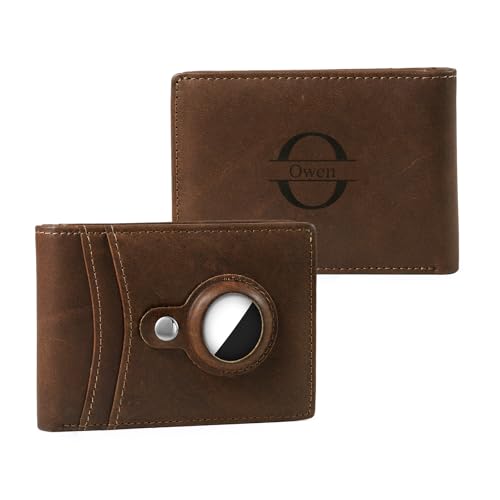 Custom Leather AirTag Wallet for Men: Personalized Letter Name Smart Wallet Card Holder Bifold RFID Blocking - Christmas Father's Day Valentine's Day Gift - for Father Husband Boyfriend