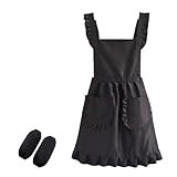 YCHUCH Delantal de cocina con bolsillos para mujeres y niñas, juego de camisa de cocina, para cafetería, tienda, hornear, jardinería, regalo para madre, vestido vintage con bolsillos, Mangas negras de